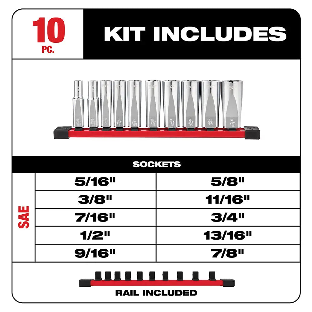 Milwaukee 48-22-9405 - 10pc 3/8 in. SAE Deep Well Sockets with FOUR FLAT™ Sides - Wise Line Tools