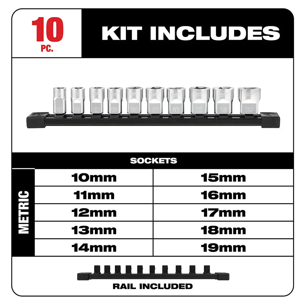 Milwaukee 48-22-9503 - 10pc 3/8 in. Metric Sockets with FOUR FLAT™ Sides - Wise Line Tools
