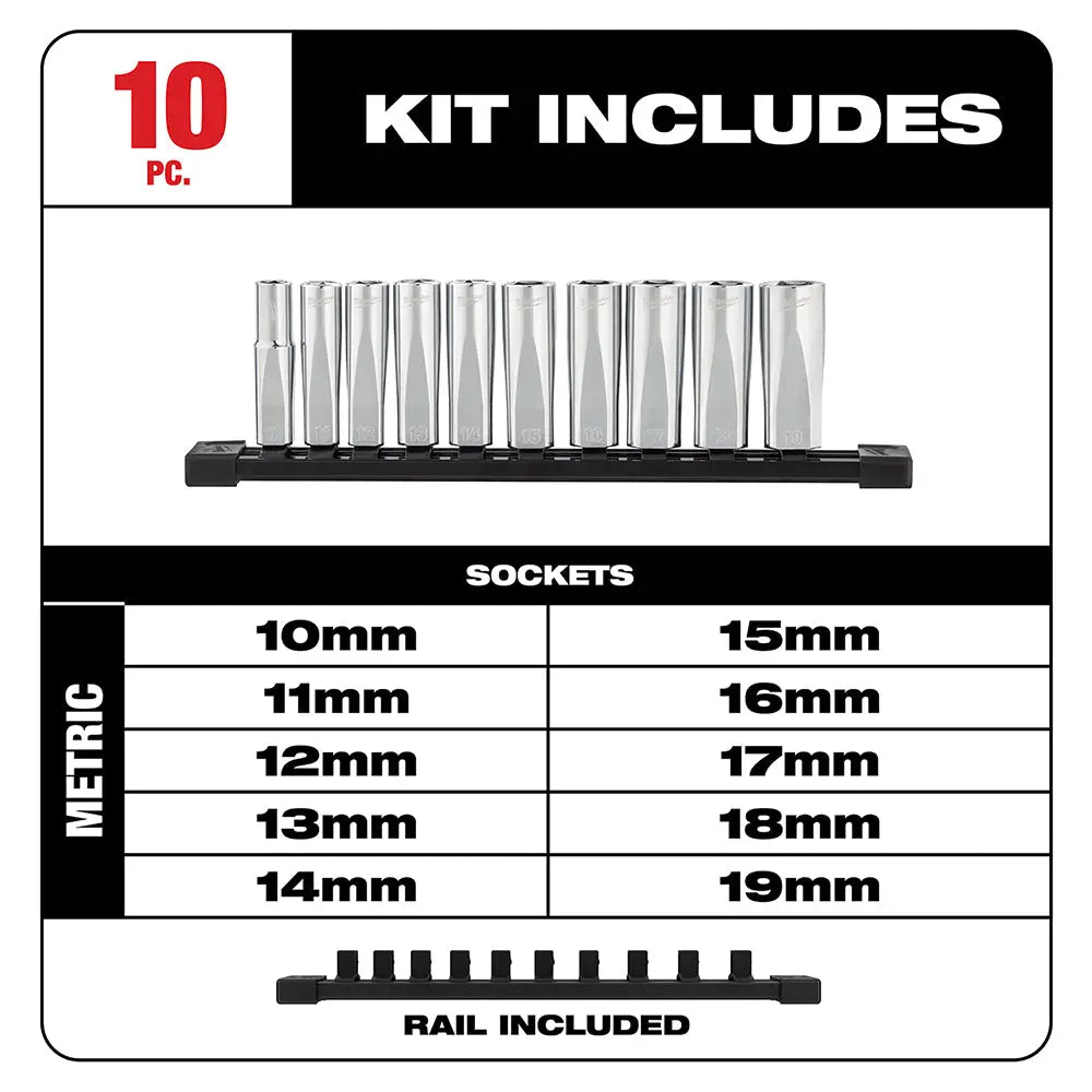 Milwaukee 48-22-9505 - 10pc 3/8 in. Metric Deep Well Sockets with FOUR FLAT™ Sides - Wise Line Tools