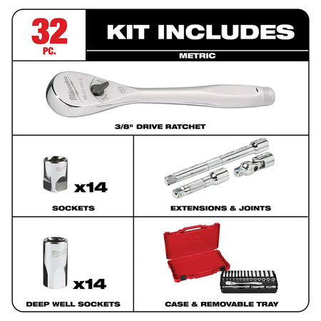 Milwaukee 48-22-9508 - 3/8 in. Drive 32 pc. Ratchet & Socket Set - Metric - Wise Line Tools