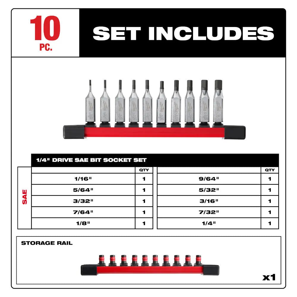 Milwaukee 48-22-9540 - 10pc 1/4" Drive Hex Bit Socket Set - SAE - Wise Line Tools