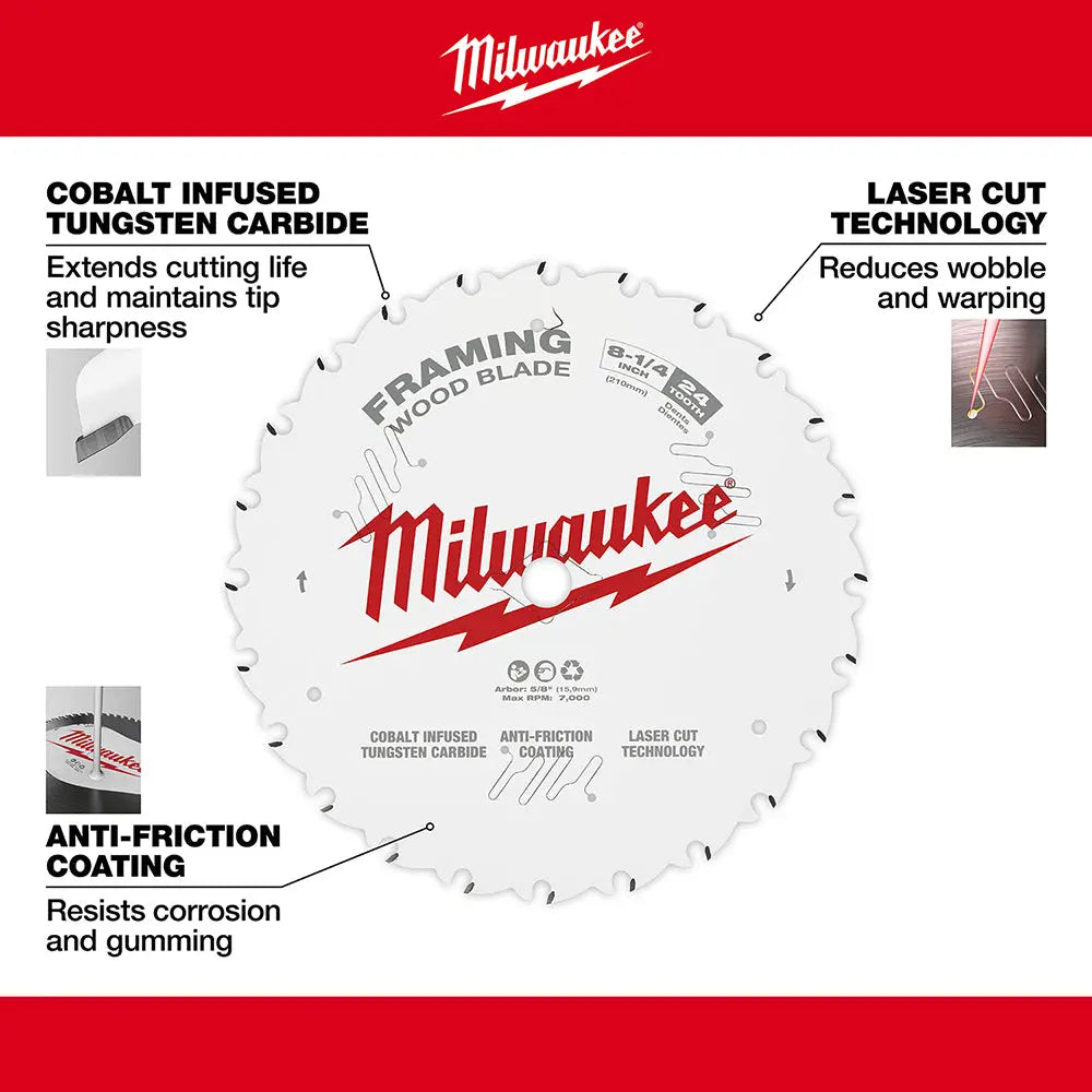 Milwaukee 48-40-0820 - 8-1/4 in. 24T Framing Circular Saw Blade - Wise Line Tools
