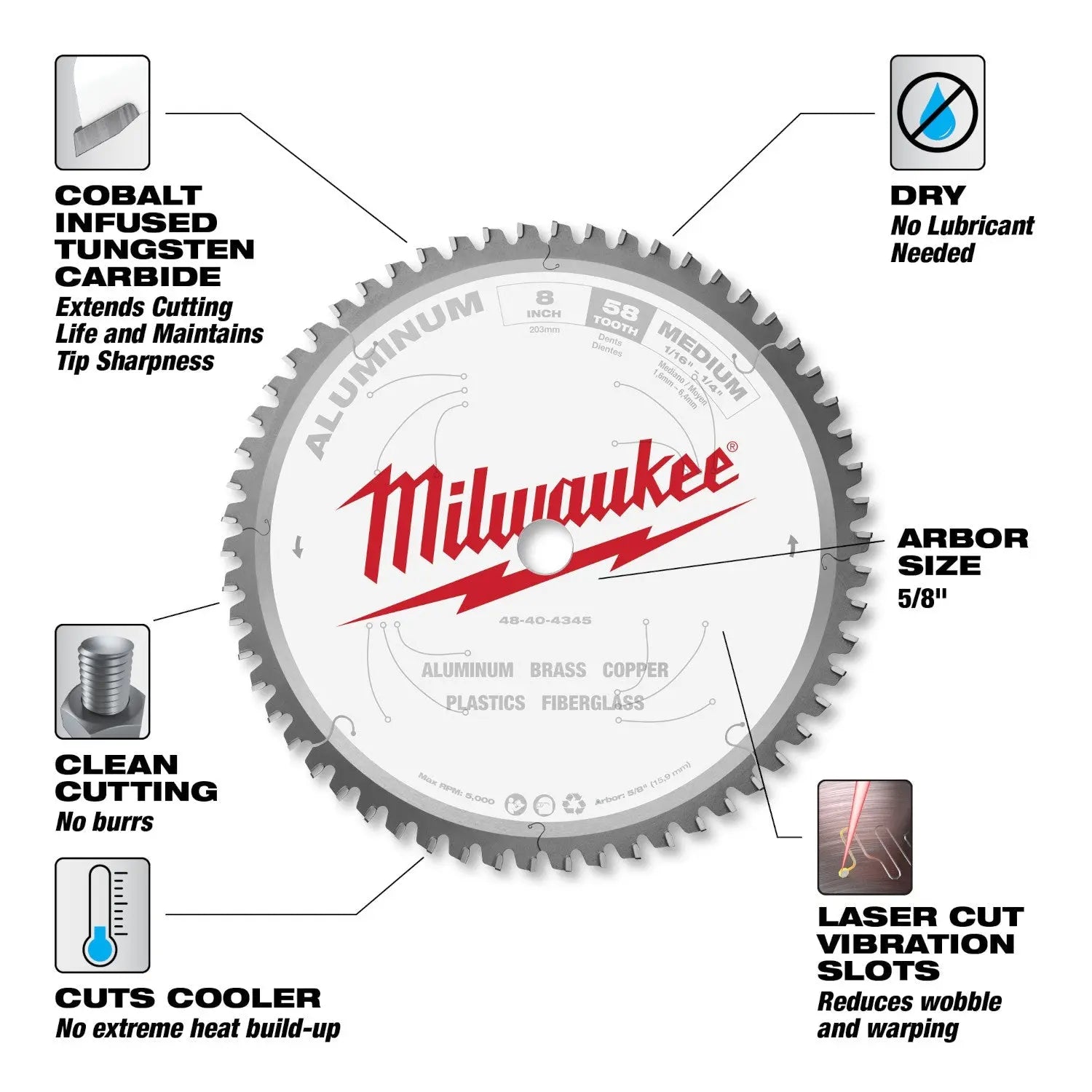 Milwaukee 48-40-4345 - 8 in. Aluminum Cutting Circular Saw Blade - Wise Line Tools