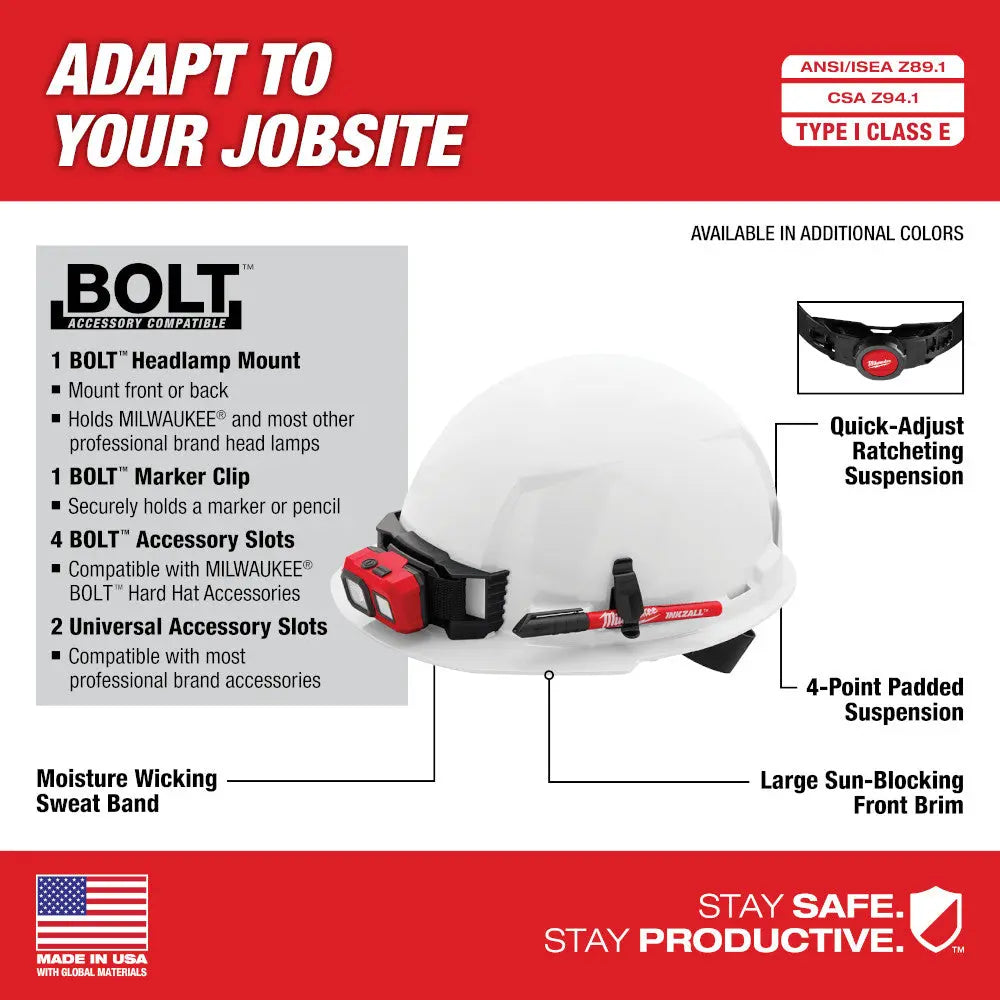 Milwaukee 48-73-1100 - White Front Brim Hard Hat w/4pt Ratcheting Suspension - Type 1, Class E - Wise Line Tools