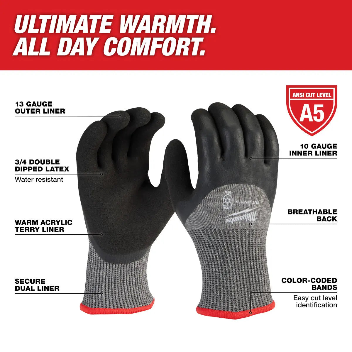 Milwaukee 48-73-7953 - Cut Level 5 Winter Dipped Gloves - XL - Wise Line Tools