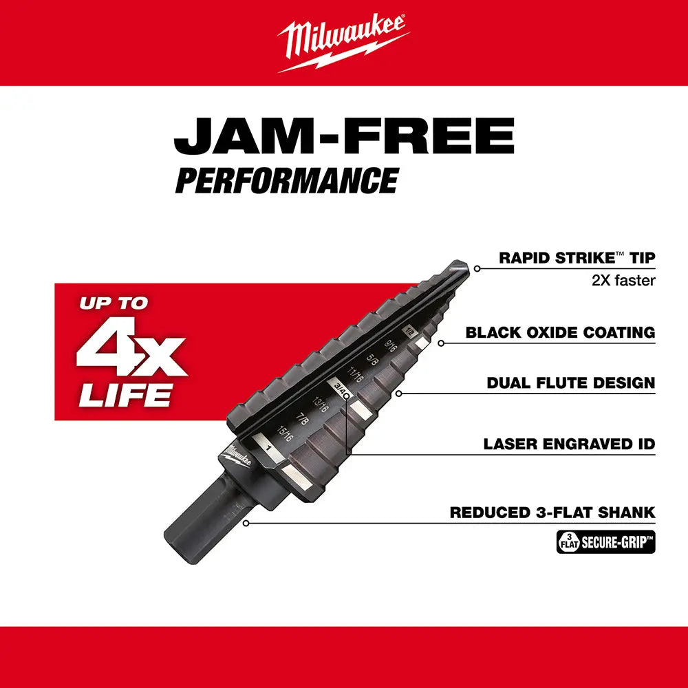 Milwaukee 48-89-9208 - #8 Step Drill Bit, 1/2 in. - 1 in. x 1/16 in. - Wise Line Tools