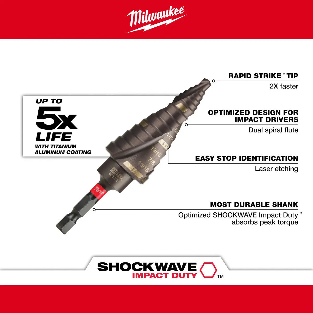 Milwaukee 48-89-9248 - SHOCKWAVE™ Impact Duty™ Step Bit #8 1/8 - 1 in. - Wise Line Tools