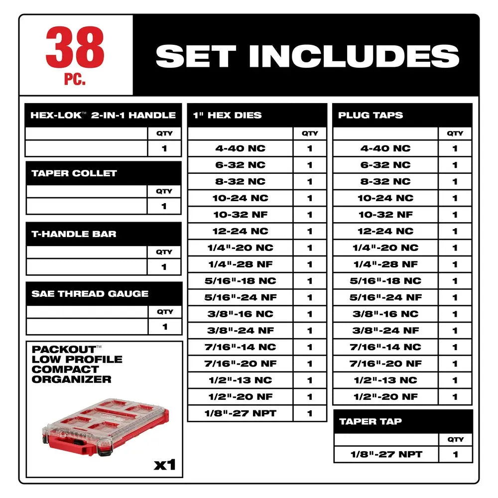 Milwaukee 49-22-5604 - 38PC SAE Tap & Die PACKOUT™ Set w/ Hex-LOK™ 2-in-1 Handle - Wise Line Tools
