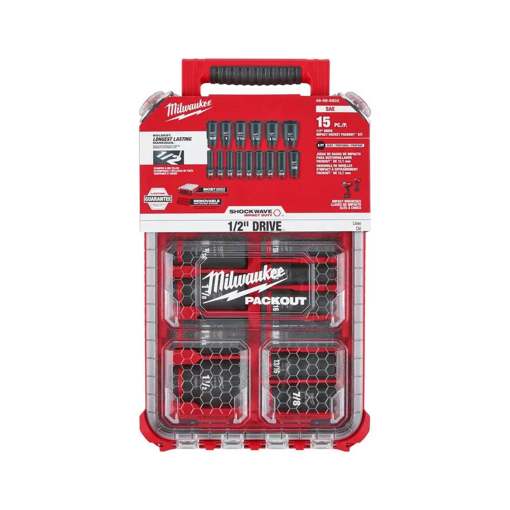 Milwaukee 49-66-6802 - SHOCKWAVE Impact Duty™ Socket 1/2” Dr 15PC SAE PACKOUT™ Set - Wise Line Tools
