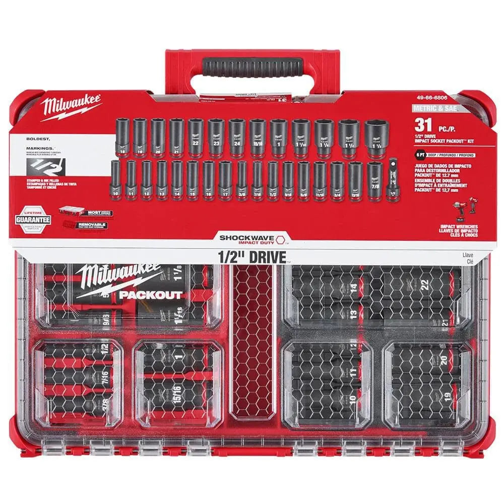 Milwaukee 49-66-6806 - SHOCKWAVE Impact Duty™ Socket 1/2” Dr 31PC SAE/MM PACKOUT™ Set - Wise Line Tools