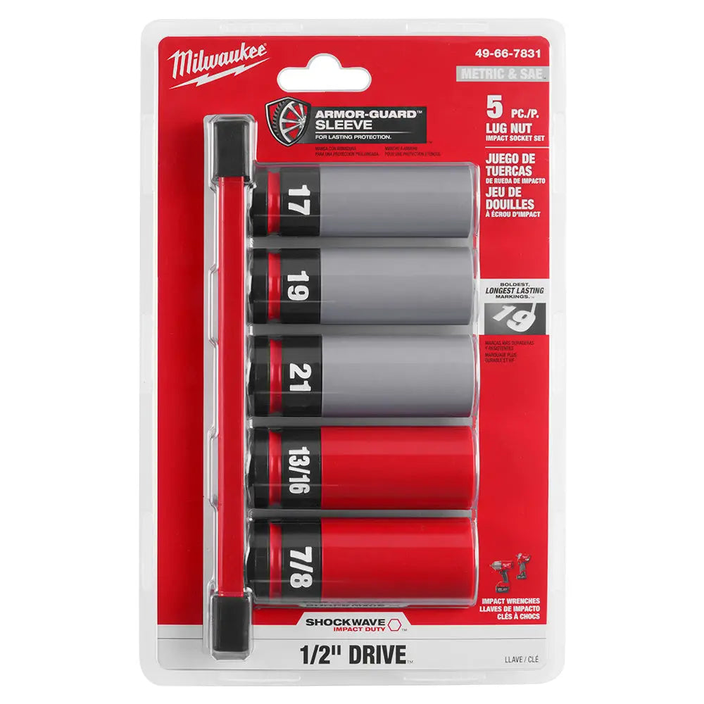 Milwaukee 49-66-7831 - SHOCKWAVE Impact Duty™ 1/2 Drive SAE & Metric 5PC Lug Nut Wheel Socket Set - Wise Line Tools
