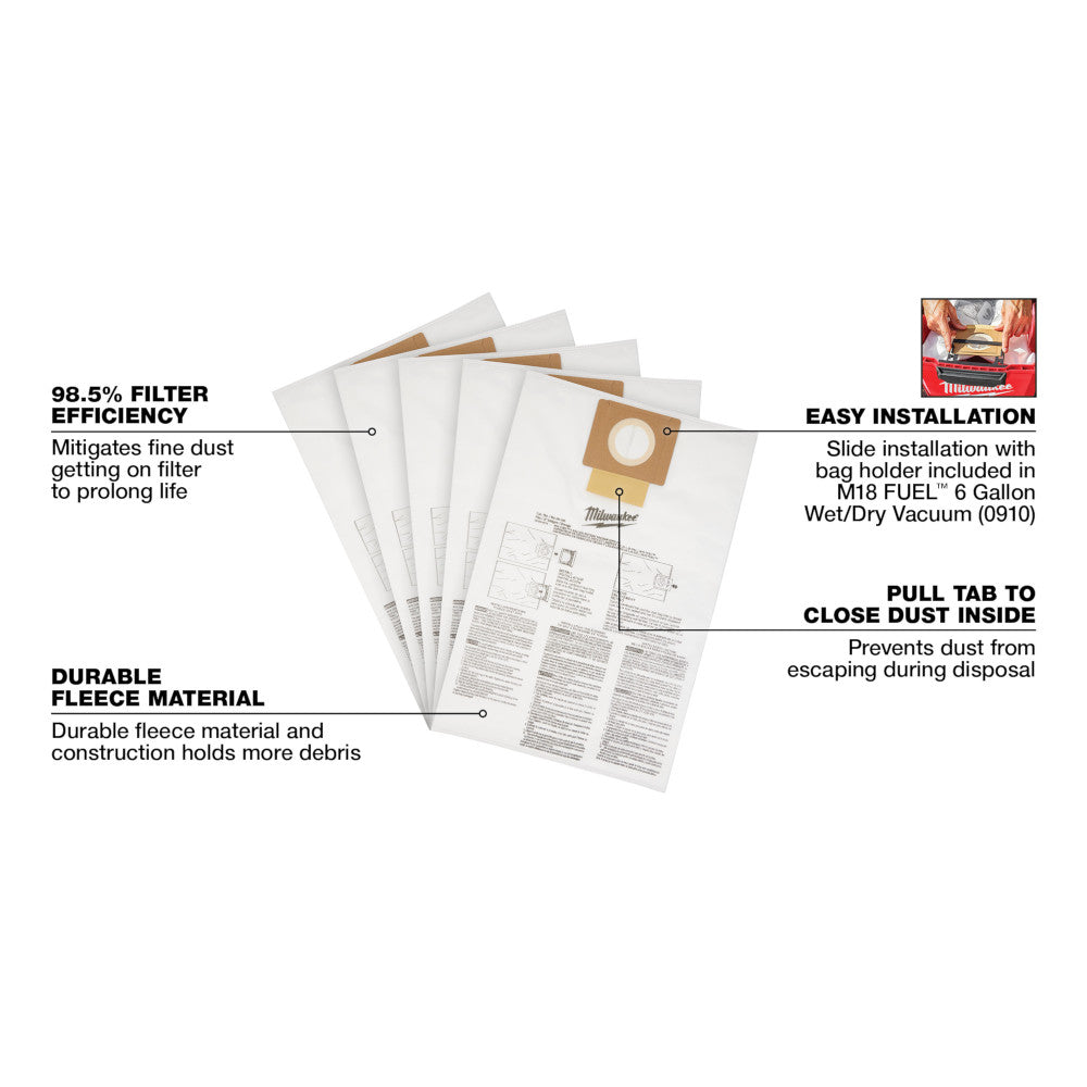Milwaukee 49-90-1979 - Fleece Dust Bags (5PK) - 6 Gallon - Wise Line Tools