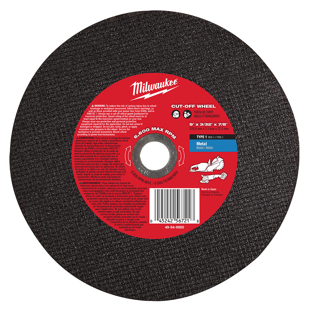 Milwaukee 49-94-9000 - 9 in. X 3/32 in. X 7/8 in. Metal Cut-Off Wheel - Wise Line Tools