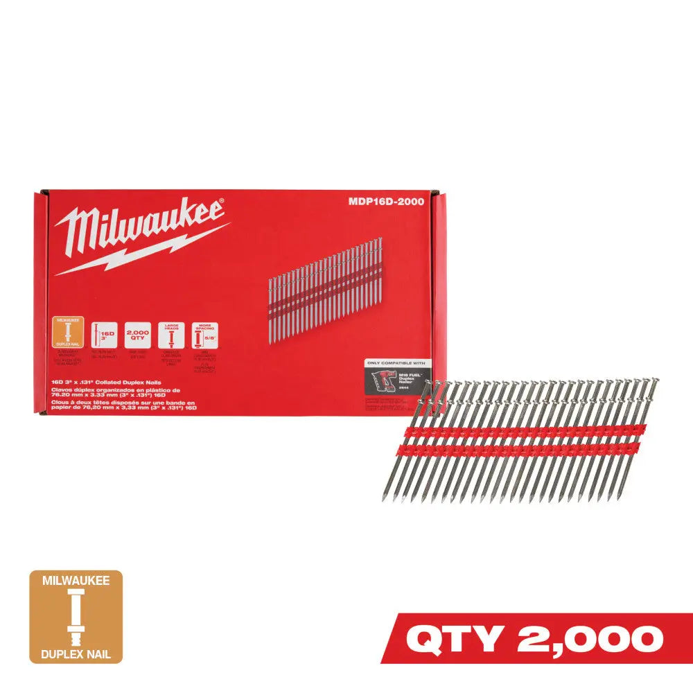 Milwaukee MDP16D-2000 - Milwaukee® 16D 3” x .131” Collated Duplex Nails - Wise Line Tools