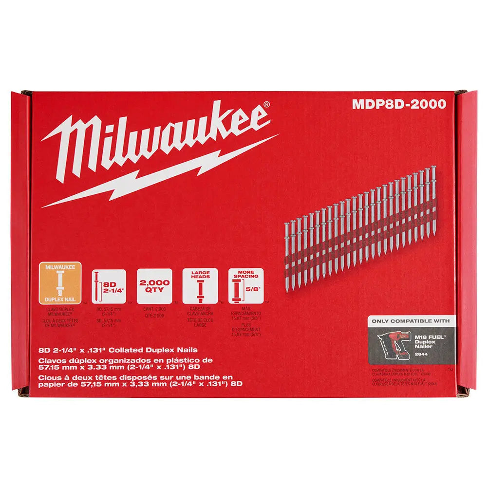 Milwaukee MDP8D-2000 - Milwaukee® 8D 2-1/4” x .131” Collated Duplex Nails - Wise Line Tools