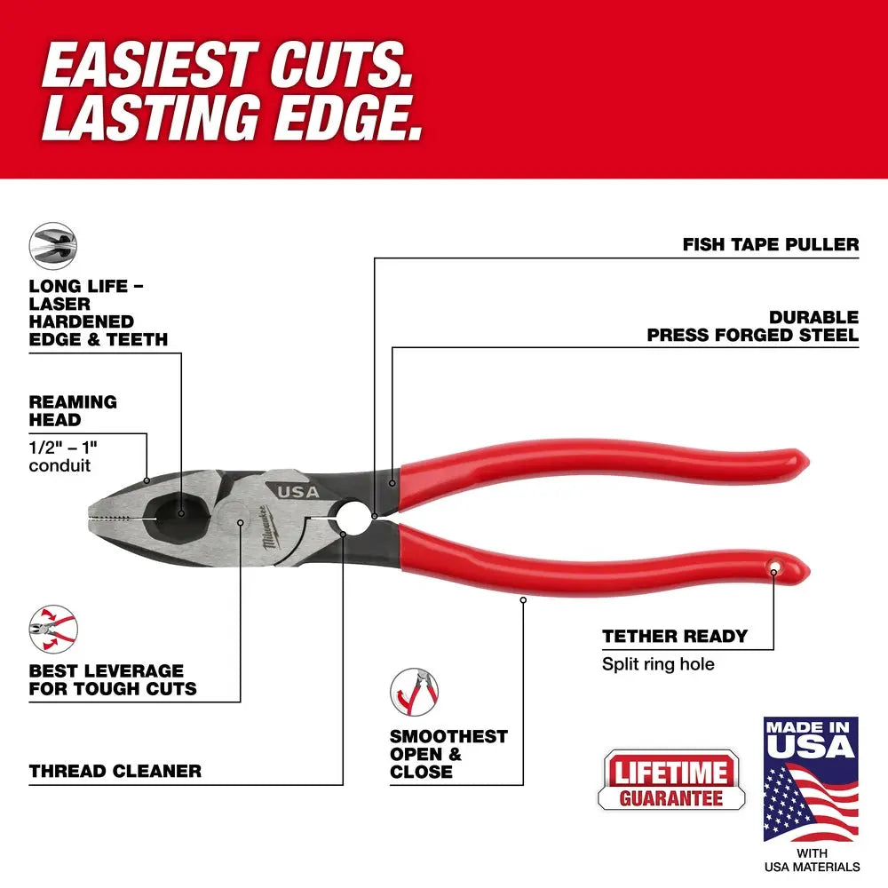 Milwaukee MT500T - 9" Lineman's Dipped Grip Pliers w/ Thread Cleaner (USA) - Wise Line Tools