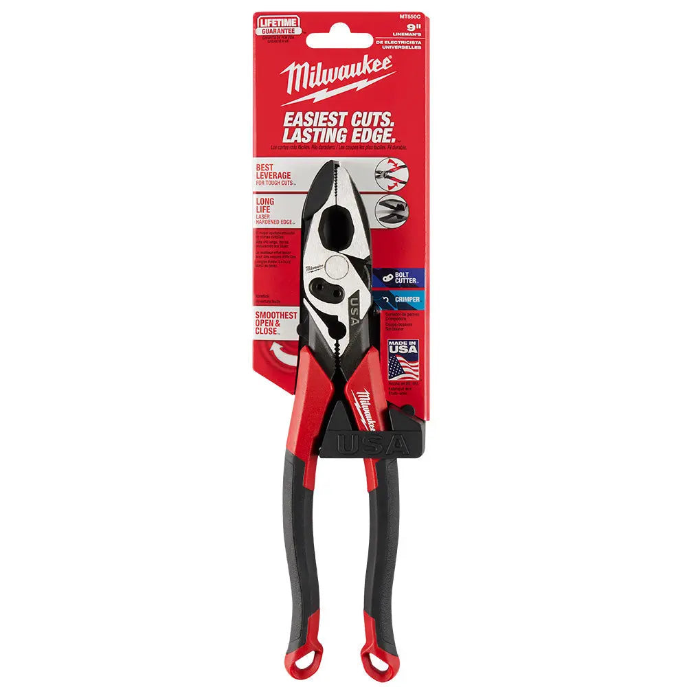 Milwaukee MT550C - 9" Lineman's Comfort Grip Pliers w/ Crimper and Bolt Cutter (USA) - Wise Line Tools