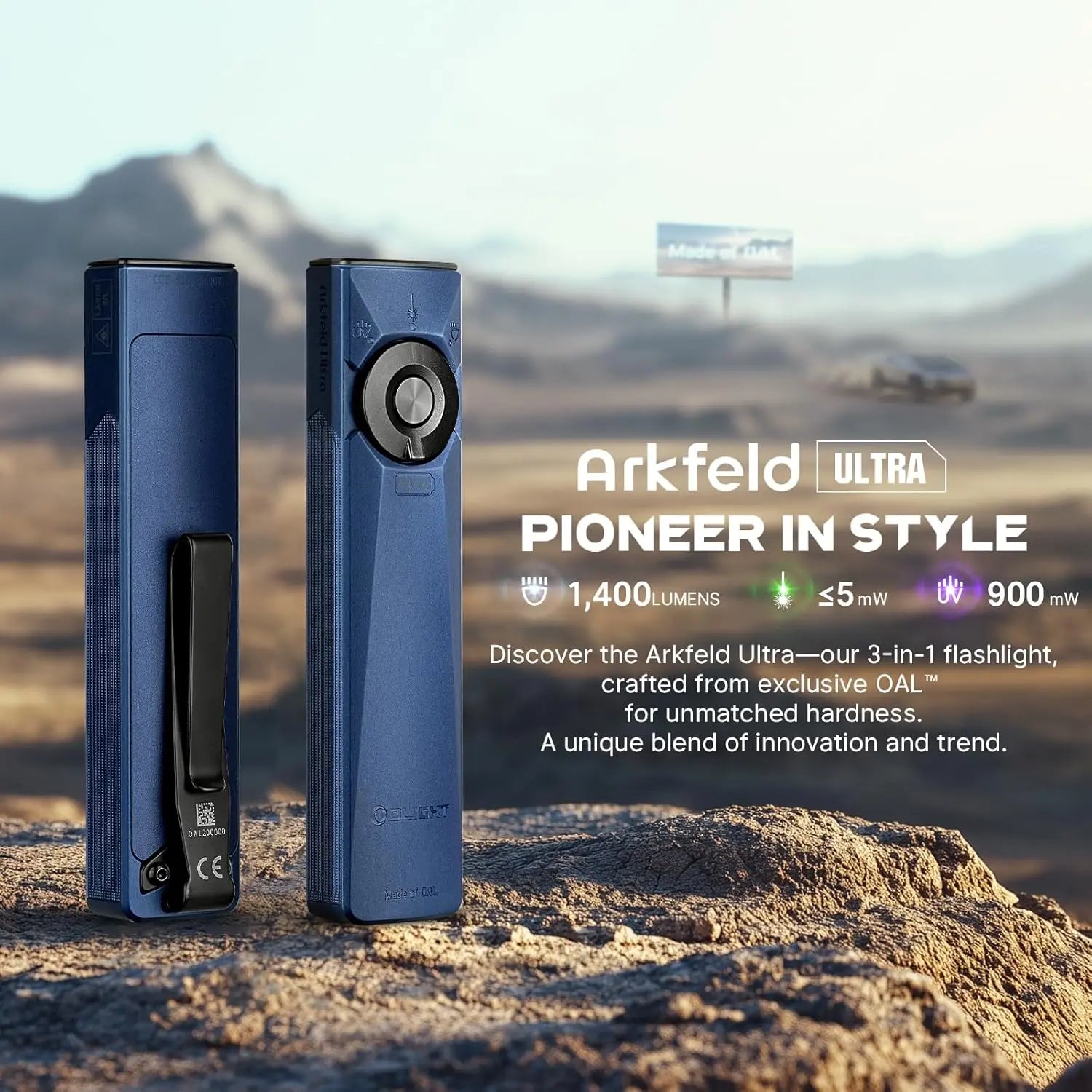 OLIGHT ARKFELDULTRA-BL - Arkfeld Ultra Flat EDC Flashlight, UV Light & Green Laser - Navy Blue OLIGHT