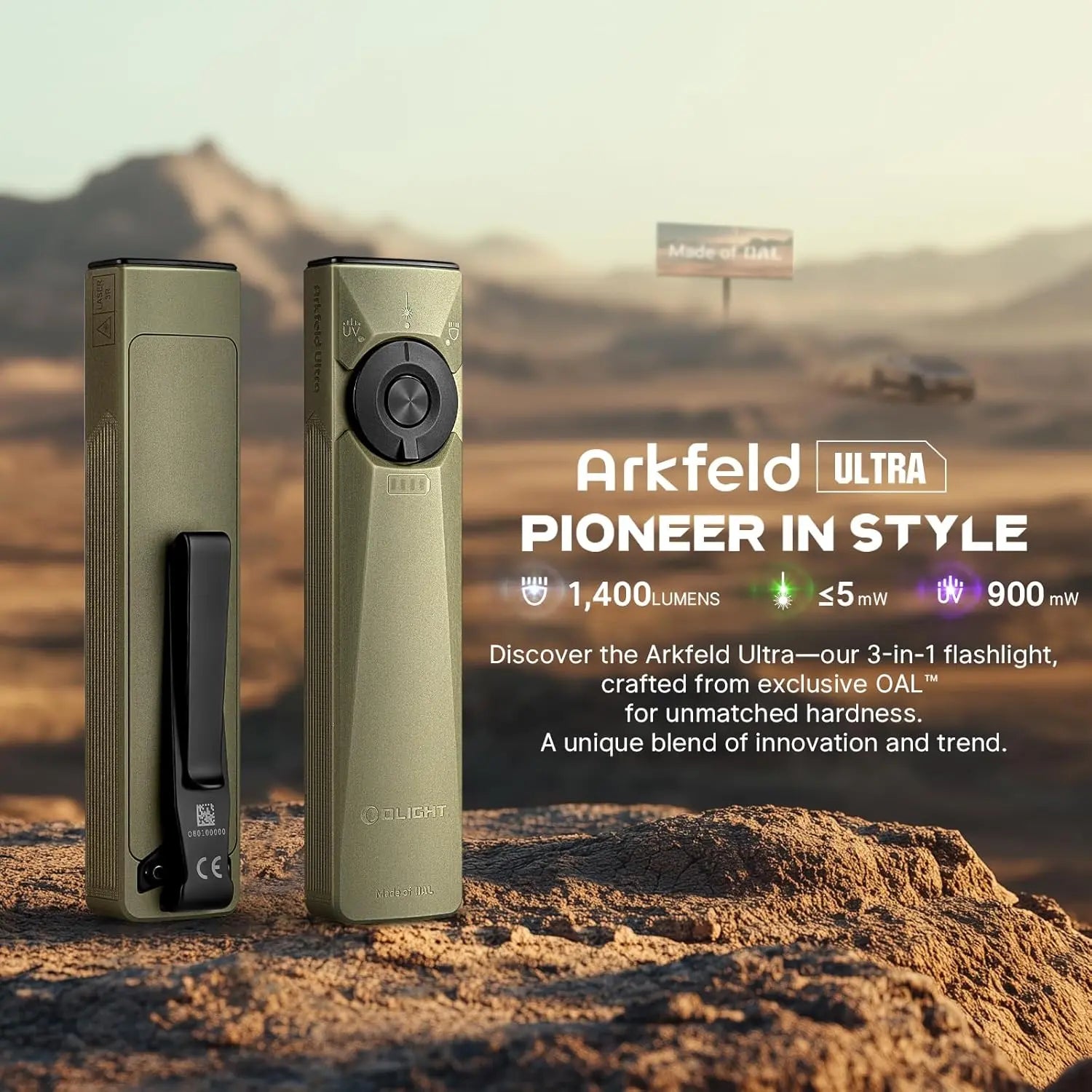 OLIGHT ARKFELDULTRA-OGN - Arkfeld Ultra Flat EDC Flashlight, UV Light & Green Laser - Olive Green OLIGHT