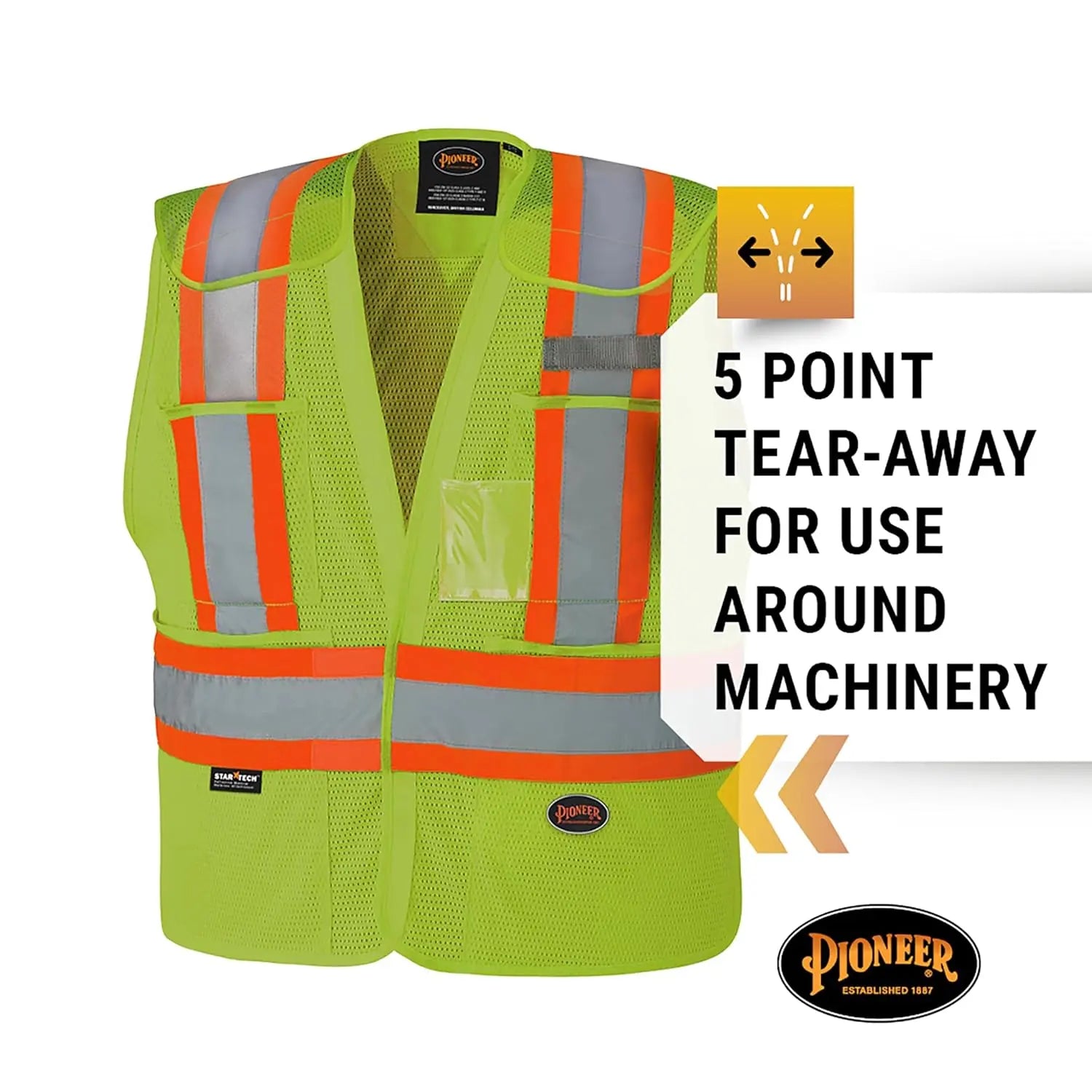 PIONEER V1021560 - Adjustable Tear-Away High Visibility Mesh Safety Vest, Yellow-Green PIONEER
