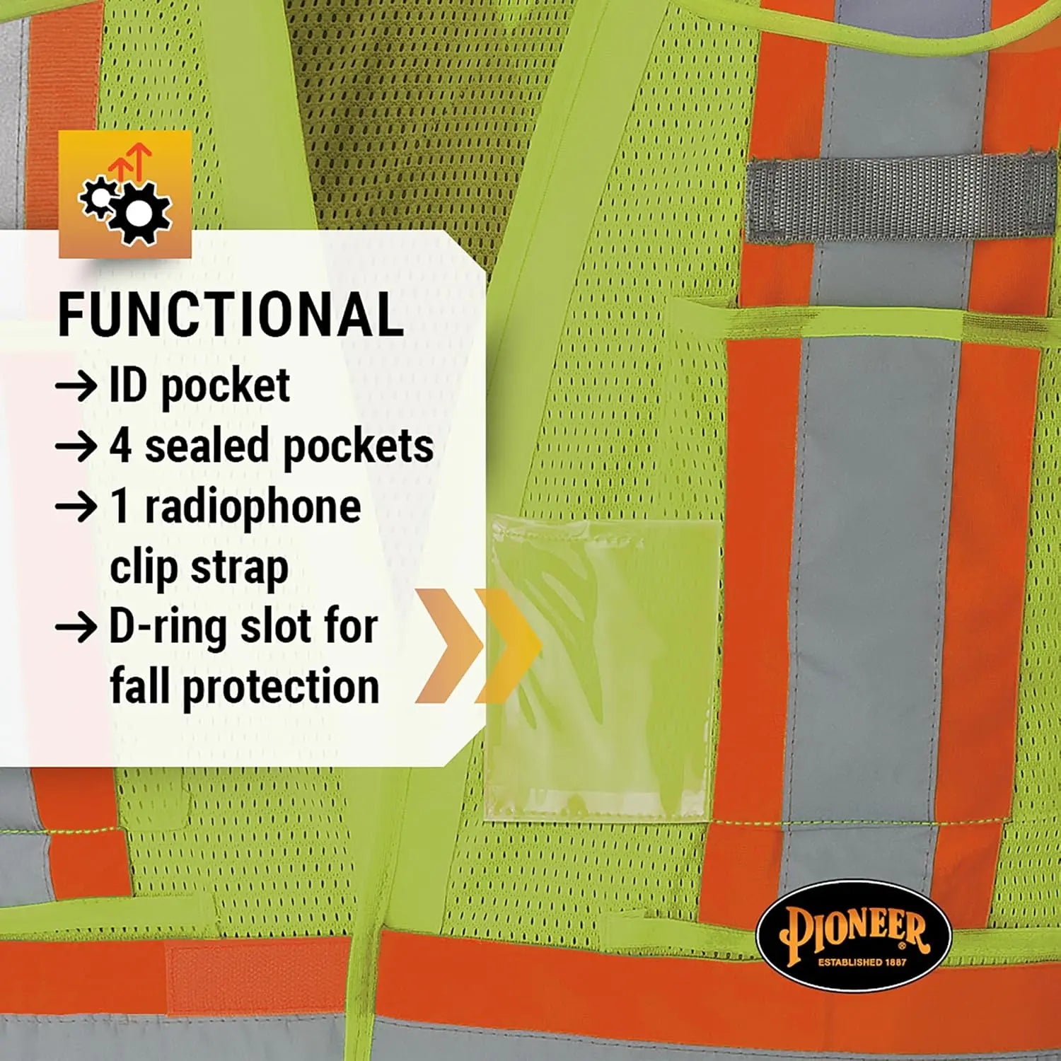 PIONEER V1021560 - Adjustable Tear-Away High Visibility Mesh Safety Vest, Yellow-Green PIONEER