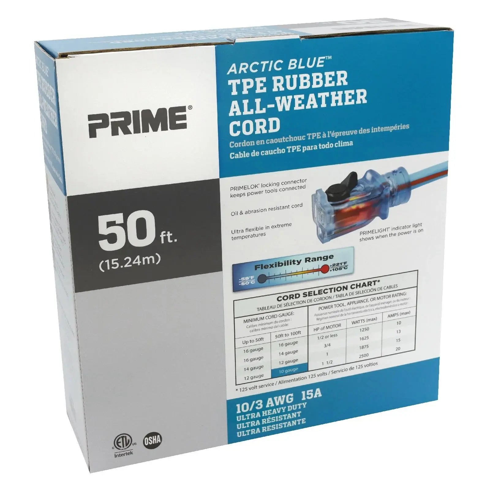 PRIME LT530930 - Ultra Heavy Duty 50-Foot Arctic Blue All-Weather TPE Extension Cord PRIME