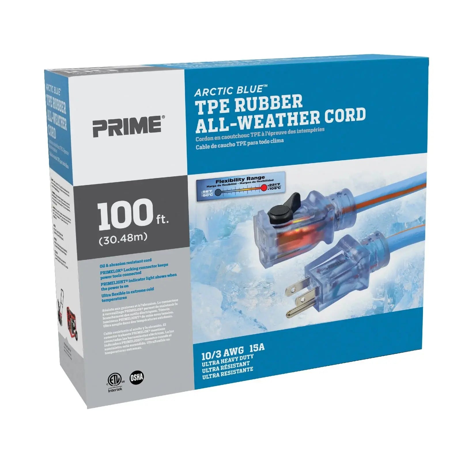 PRIME LT530935 - Ultra Heavy Duty 100-Foot Artic Blue All-Weather TPE Extension Cord PRIME