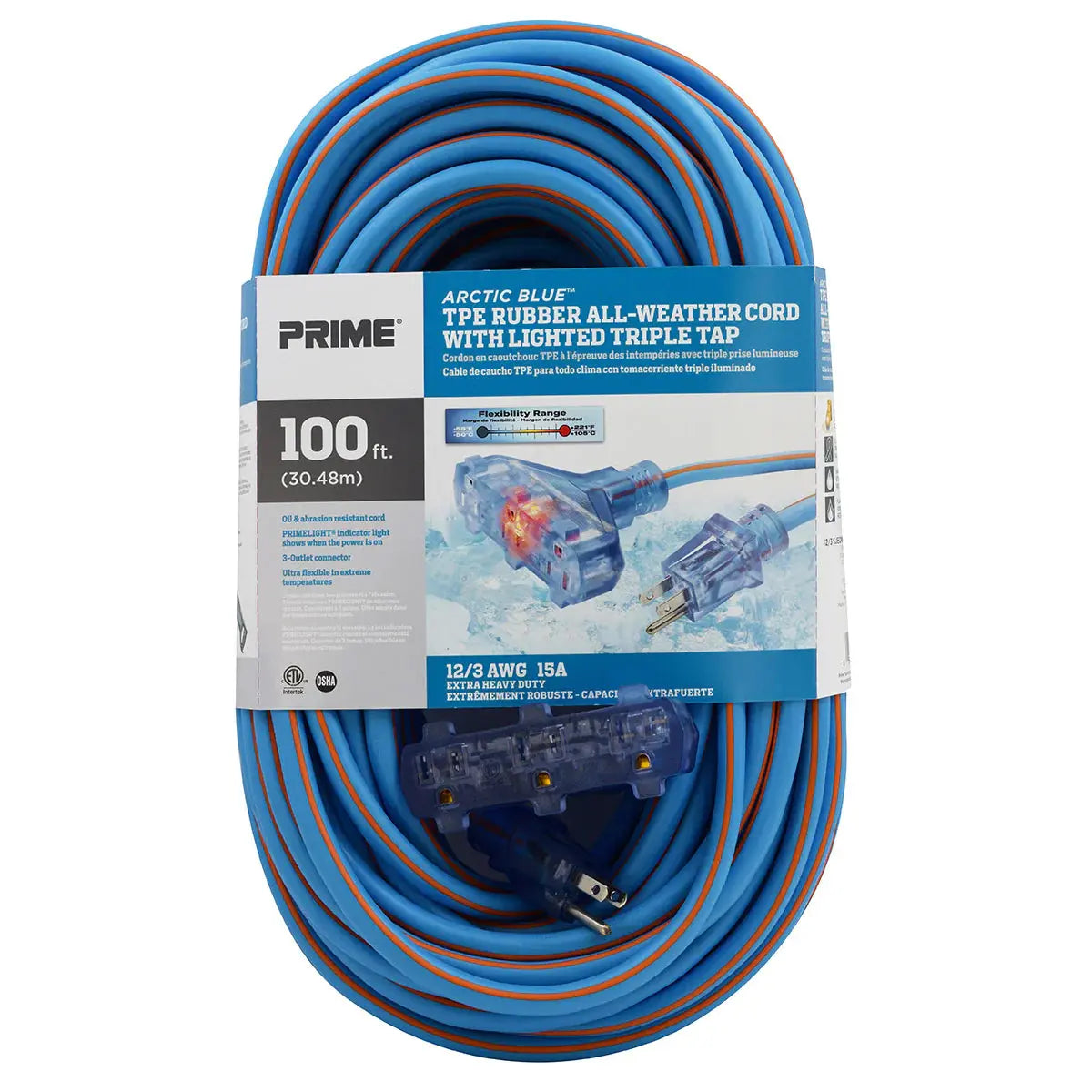PRIME LT630835 - 12/3 100' Tri-Tap Arctic Blue All-Weather Ex PRIME