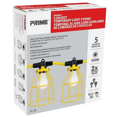Prime LSUGM1830  -  50ft. 12/3 SJTW Yellow 5-Light U-Ground Light String W/Metal cages - Wise Line Tools