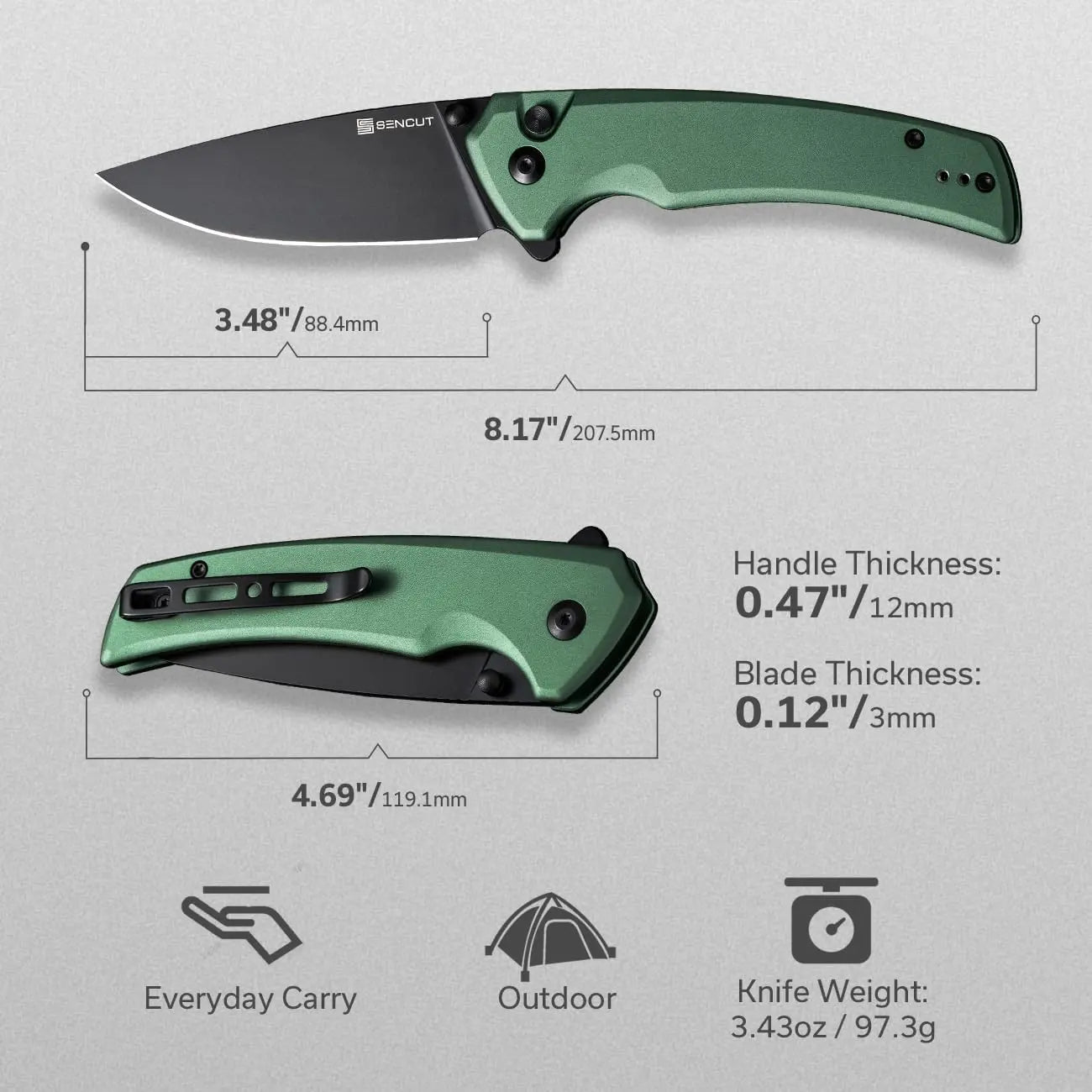 SENCUT SEN-S21022B-5 - Serene Flipper Button Lock Knife - Green SENCUT