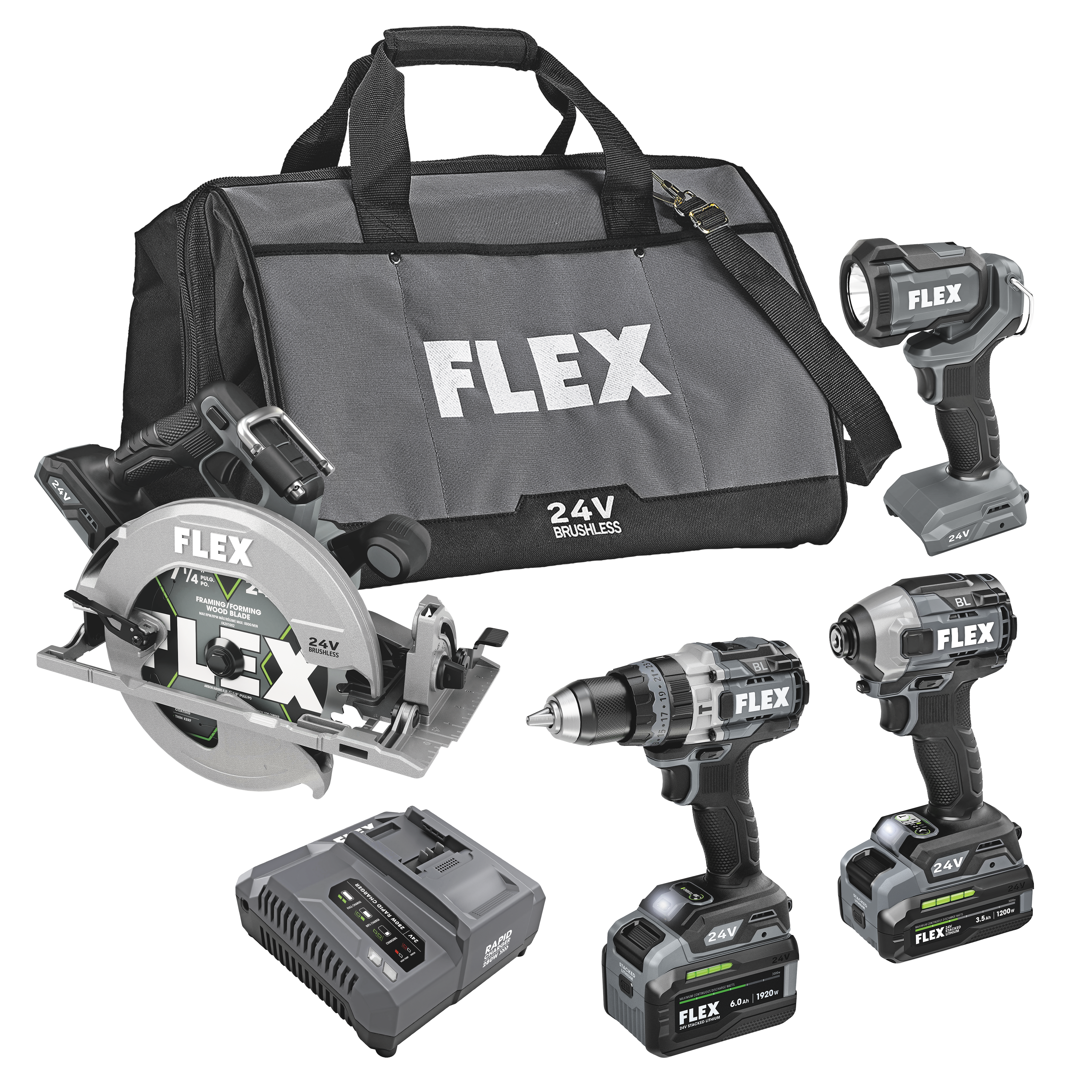 FLEX FXM403-2G - HAMMER DRILL WITH TURBO MODE, QUICK EJECT IMPACT DRIVER, CIRCULAR SAW AND WORK LIGHT STACKED LITHIUM KIT