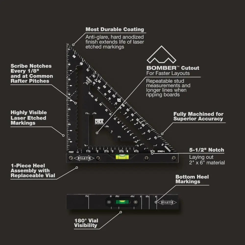 Milwaukee STSQ7-L - STILETTO® 7" Carpenter Square with Level - Wise Line Tools