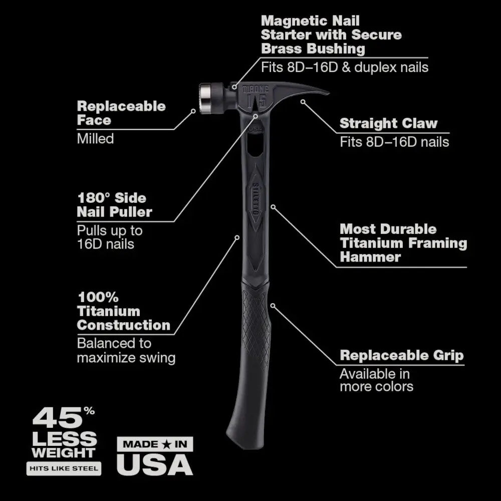 MILWAUKEE TIB15MC-CBL - STILETTO® TIBONE™ 15oz Milled/Curved Titanium Hammer- Limited Edition Black STILETTO
