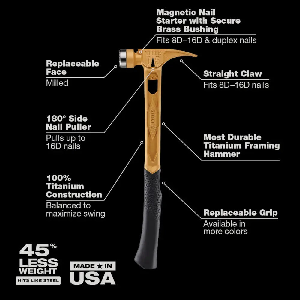 Stiletto TIB15MC-CG - STILETTO® TIBONE™ 15oz Milled/Curved Titanium Hammer- Limited Edition Gold STILETTO