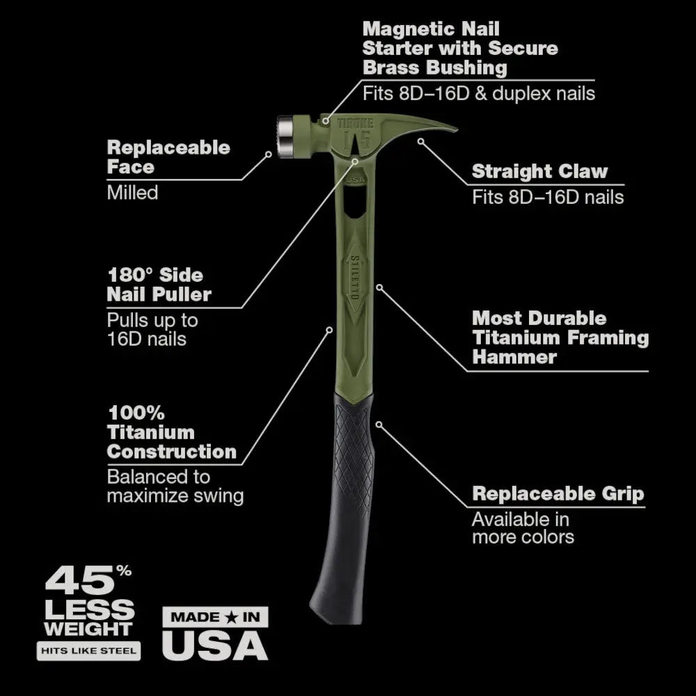 Stiletto TIB15MC-CGR - STILETTO® TIBONE™ 15oz Milled/Curved Titanium Hammer- Limited Edition Green STILETTO