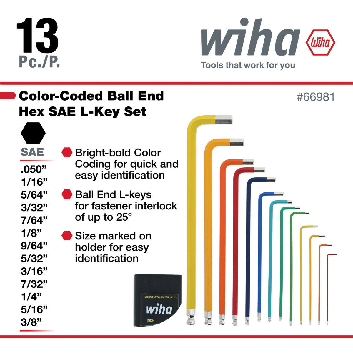 WIHA WIH-66981 - 13pc SAE Ball End Colour Coded Hex Key Set