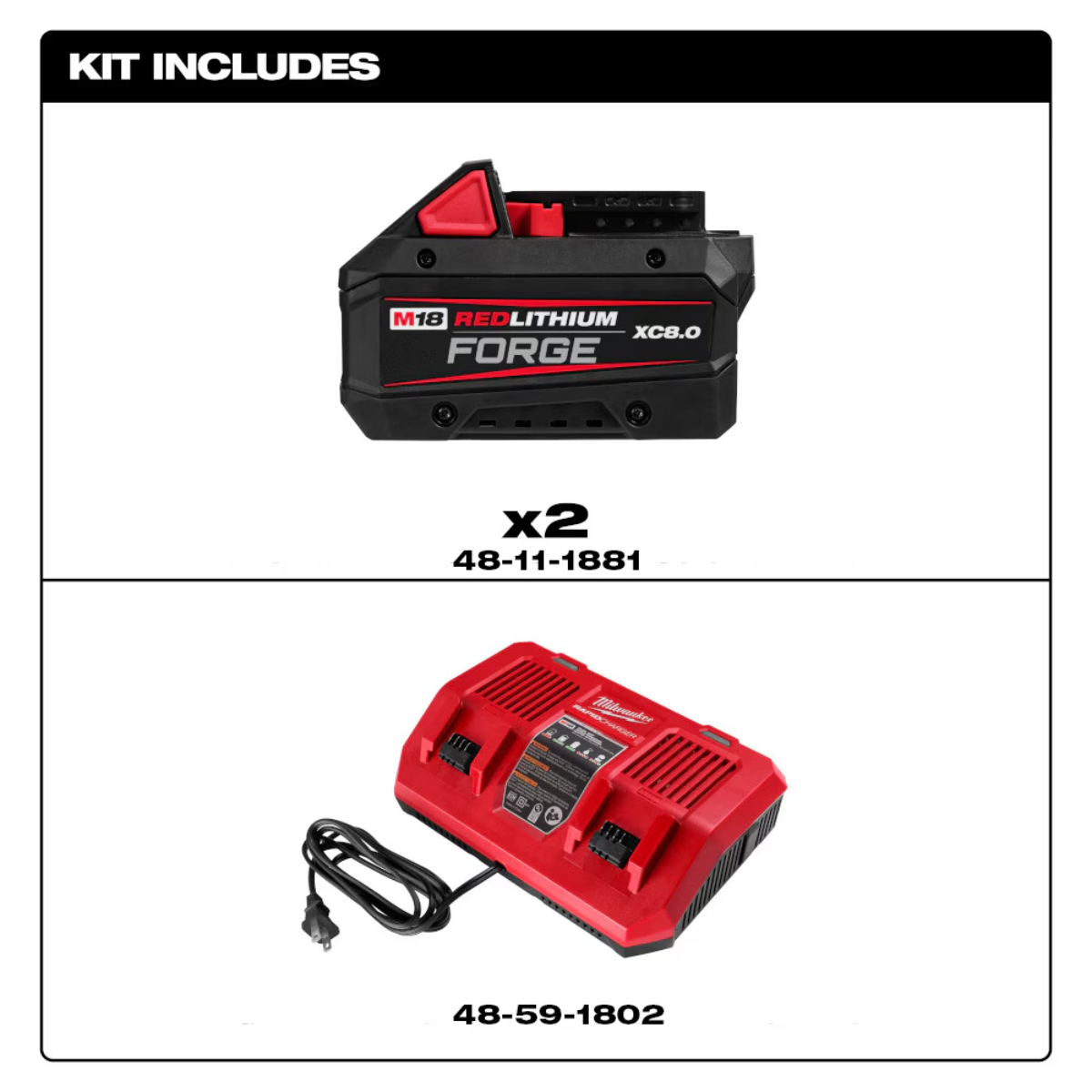 MILWAUKEE 48-59-1888 - 2x M18 FORGE 8.0Ah Battery & Dual-Port Rapid Charger Combo