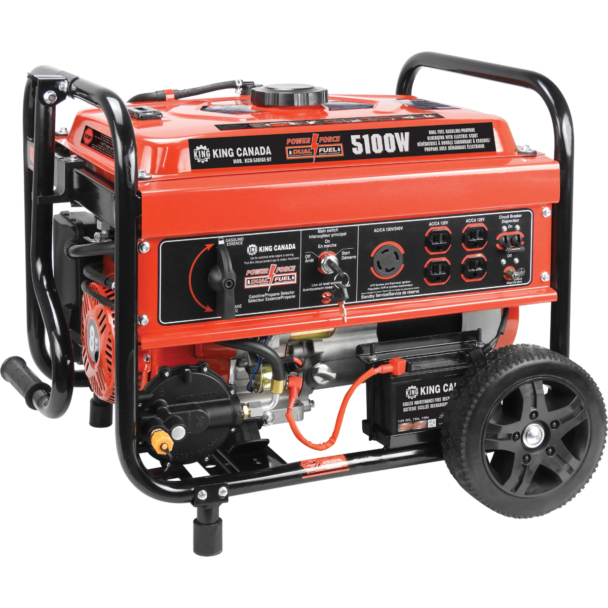 KING KCG-5101GE-DF - Generator, Dual-Fuel Gas/Propane, Elec.Start, 5,100W, w/wheel kit