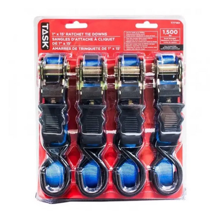 TASK T77160 - 4pc 1500 lb. 1" x 15' Ratcheting Tie Downs - 4/pack