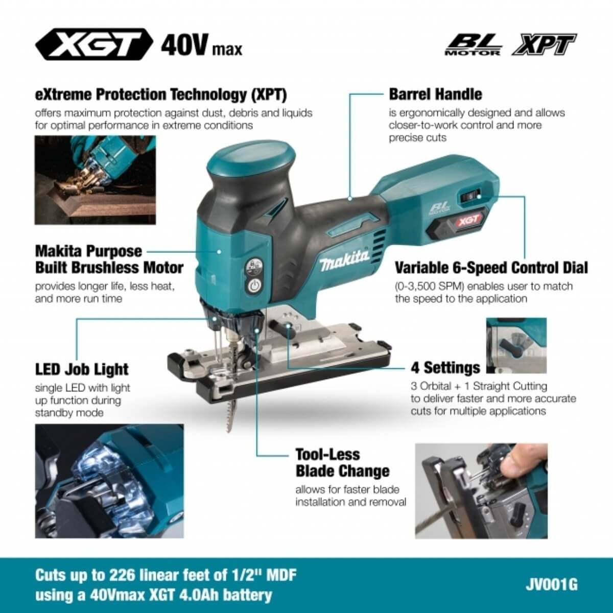 MAKITA JV001GZ - 40V Max XGT Brushless Cordless Barrel Handle Jigsaw