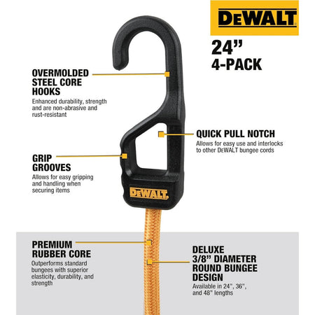 DEWALT DXBC300244 - 24 in. Premium Heavy-Duty Round Bungee Cords (4-Pack)