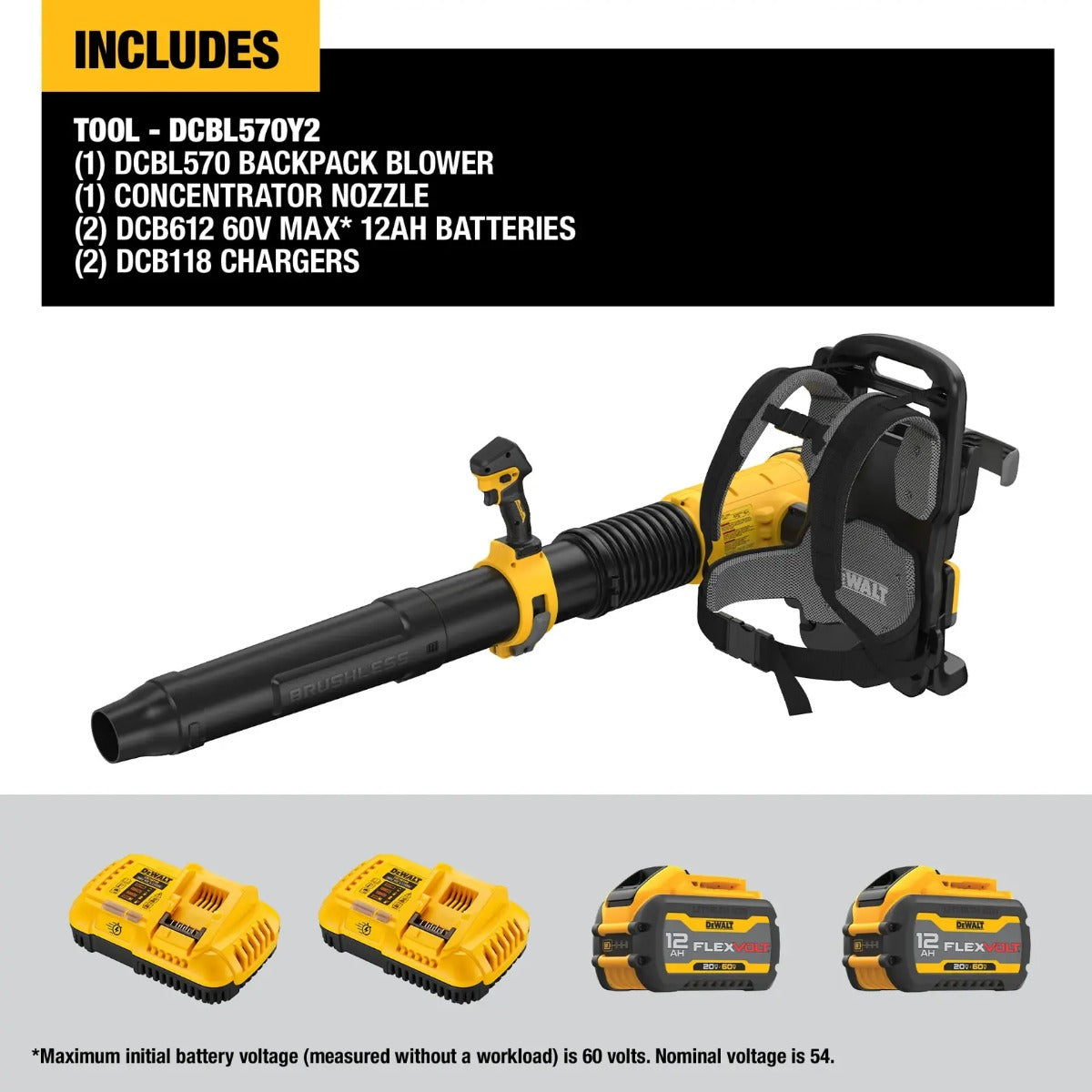 DeWalt DCBL570Y2 - 60V MAX* FLEXVOLT Brushless Cordless Backpack Blower Kit (12.0Ah)