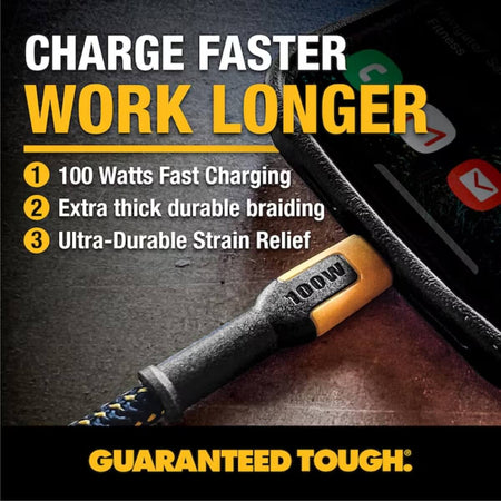DEWALT 1310006DW2 - USB-C to USB-C 100W Kevlar Reinforced Braided Cable (4 ft)