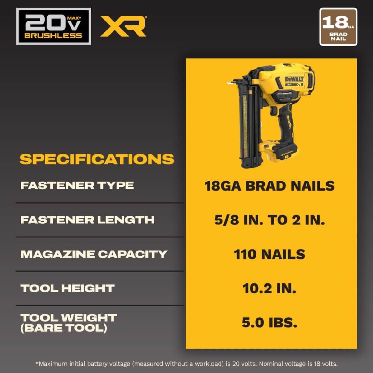 DEWALT DCN210B - 20V MAX* XR® Cordless 18GA Brad Nailer (Tool Only)