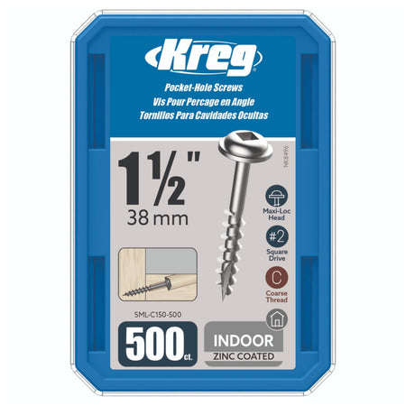KREG SML-C150-500 - 1-1/2" Coarse-Thread Zinc Pocket-Hole Screws - 500 Count