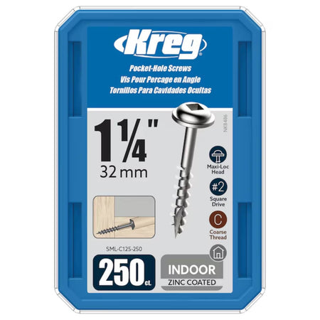 KREG SML-C125-250 - Pocket-Hole Screws - 1-1/4", Coarse, Washer Head, 250 Count