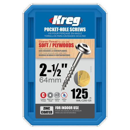 KREG SML-C250-125 - 2-1/2" Coarse-Thread Maxi-Loc Zinc Pocket-Hole Screws - 125 Count