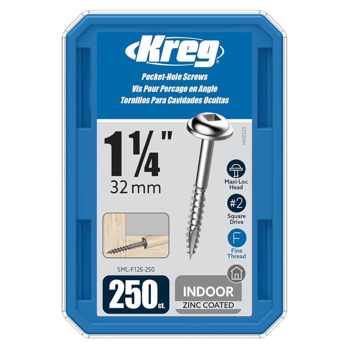 KREG SML-F125-250 - Zinc Pocket-Hole Screws, 1-1/4", #7 Fine Thread, Maxi-Loc Head (250 Count)