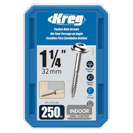 KREG SML-F125-250 - Zinc Pocket-Hole Screws, 1-1/4", #7 Fine Thread, Maxi-Loc Head (250 Count)