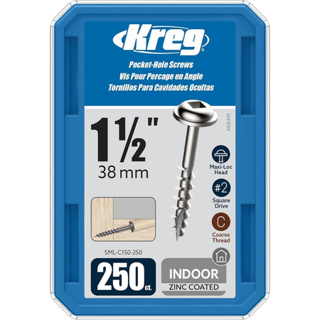 KREG SML-C150-250 - Pocket-Hole Screws - 1-1/2", Coarse Thread, Washer Head, 250 Count